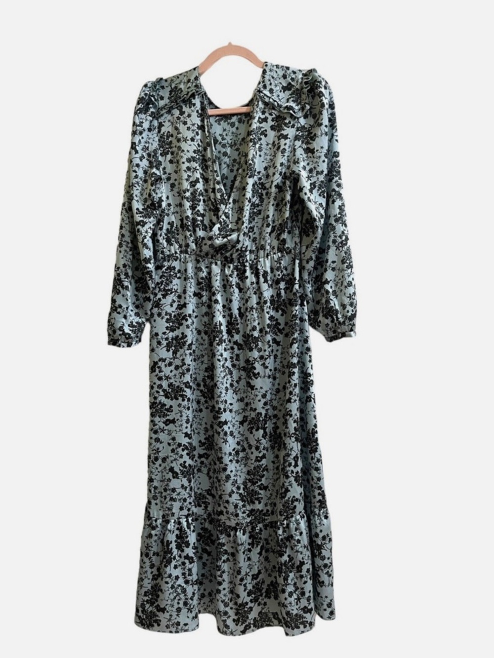 Zara Black and Light Blue Ruffled Tiered Bishop Sleeve Dress